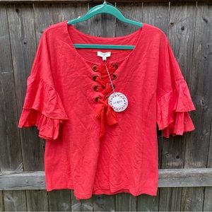 NWT Umgee Barbie Pink Ribbon Tie Layered Ruffle Sleeve Scoop Neck Top Sz S